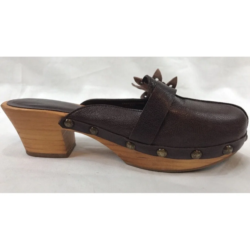 Zara Wood Sole Slide Mules 5.5-6 36 Sandals Brown Leather Shoes Flower Toe Spain - Picture 5 of 11